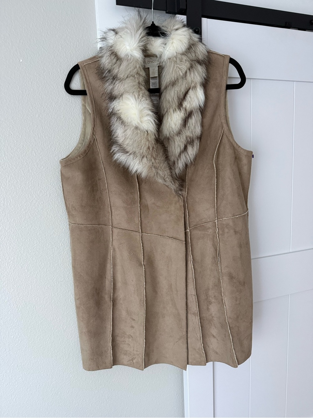 Chico's Taupe Suede Vest with Faux-Fur Shawl Collar